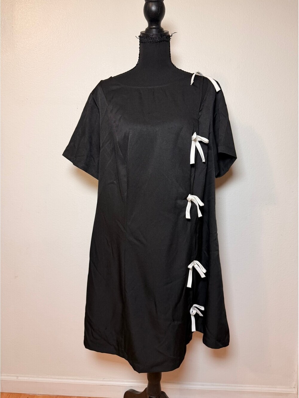 Cider Black Mini Dress 2XL White Ribbon Bows Coquette Short Sleeve